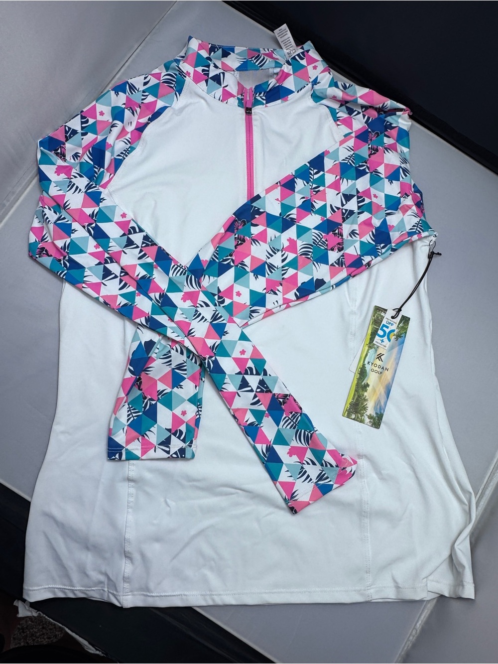 NWT Kyodan Golf UPF 50+ Quarter Zip Long Sleeve Golf Shirt M White Prin